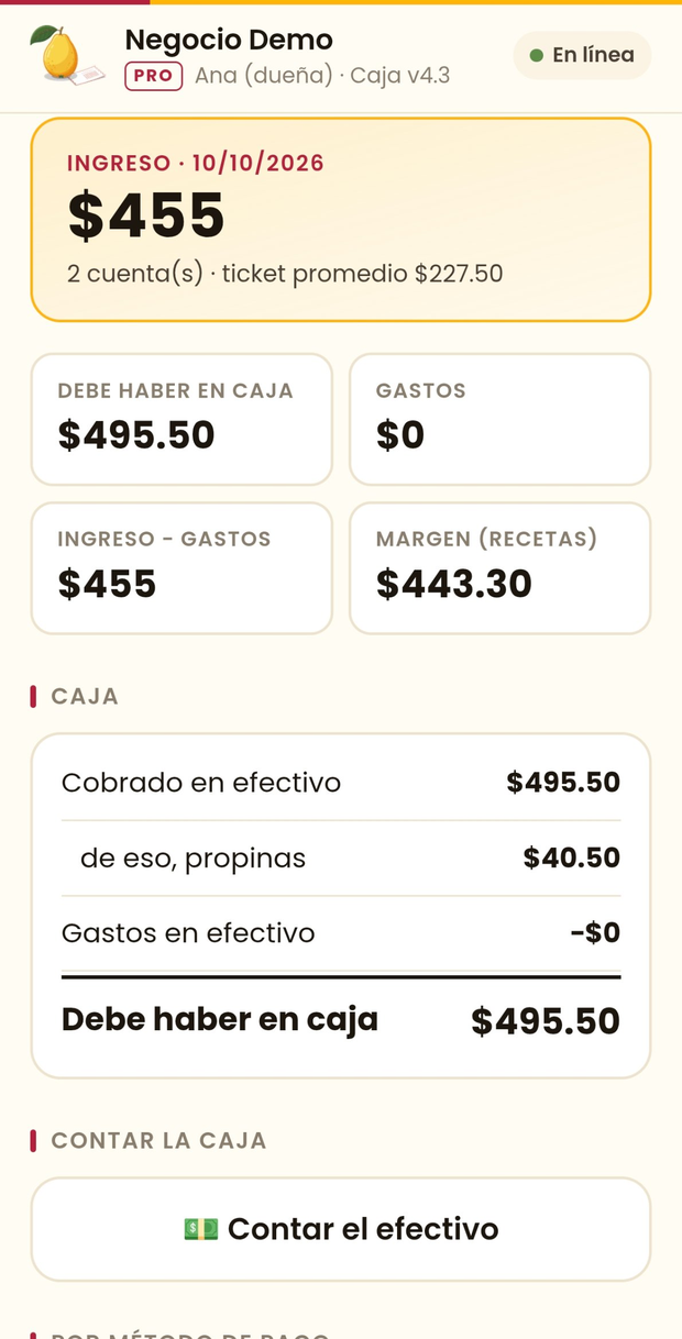 Pantalla del corte del día con el total vendido y lo más vendido